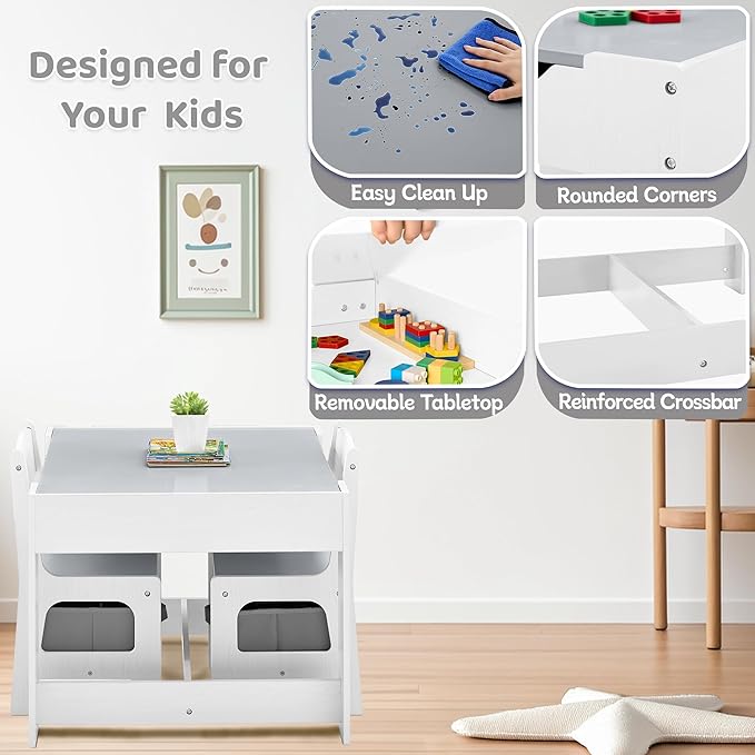 Kids Table and Chairs Set, 4 in 1 Wooden Kids Table - Image 4