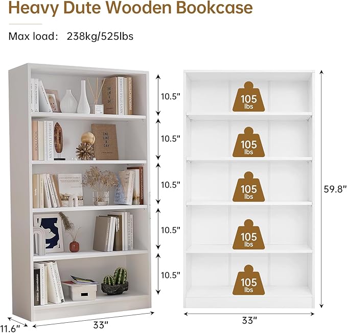 Wooden Bookshelf with Adjustable Shelves, 5 Tier Tall Bookcase - Image 2