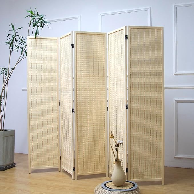 5 Panel Room Divider and Folding Panel Screen, Bamboo Panel Divider Screen by Furnnylane