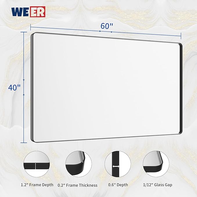 WEER Black Bathroom Mirror for Wall, 60X40 Inch Matte Black Mirror, Rectangular - Image 6