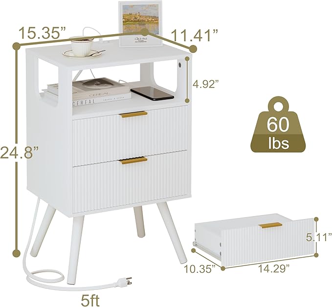 White Nightstand with Charging Station and LED Lights, Modern Bedside Table - Image 2