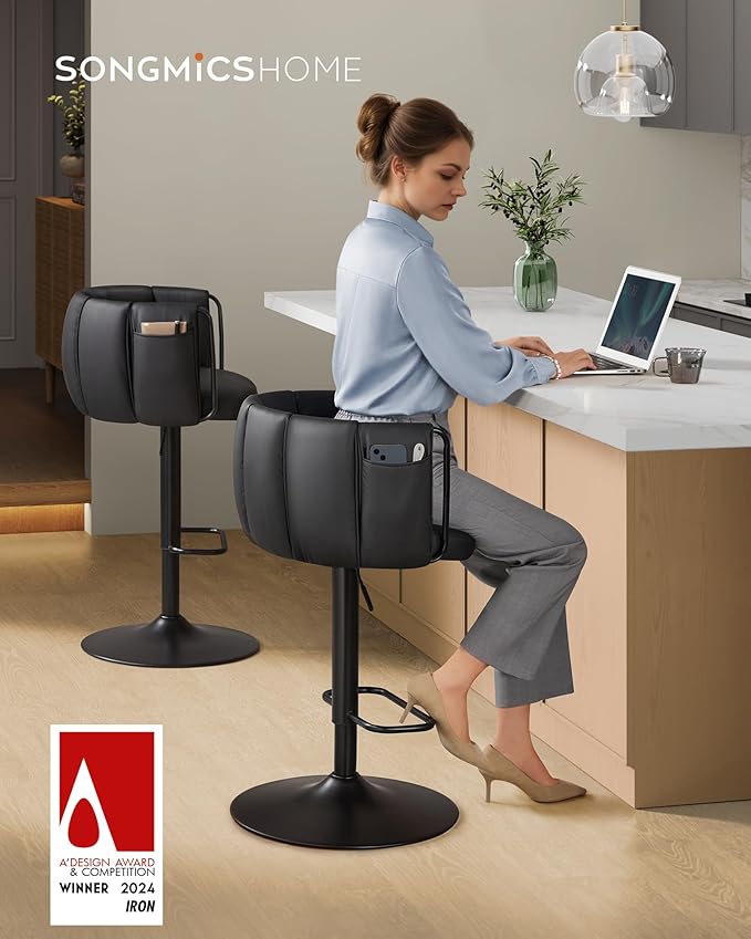 SONGMICS Home 360° Swivel Bar Stools Set of 2, Height Adjustable Barstools - Image 3