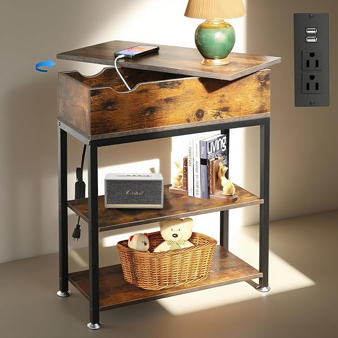 Rotating Top End Table with Charging Station, Side Table with USB Ports and by TooCust