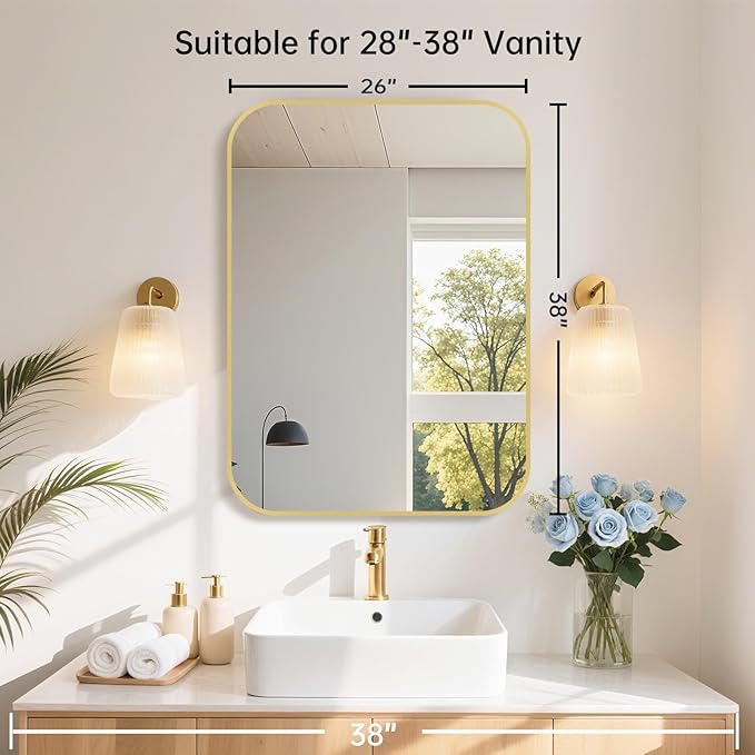 26x38 Inch Gold Bathroom Mirror, Brushed Brass Gold Metal Framed Rectangular - Image 7