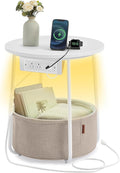 VASAGLE Side Table with Charging Station, Round End Table with Fabric Basket by VASAGLEbySONGMICSHOME