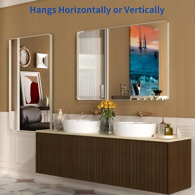 WEER 55X30 Inch Brushed Nickel Bathroom Mirror, Brushed Silver Metal Frame - Image 5
