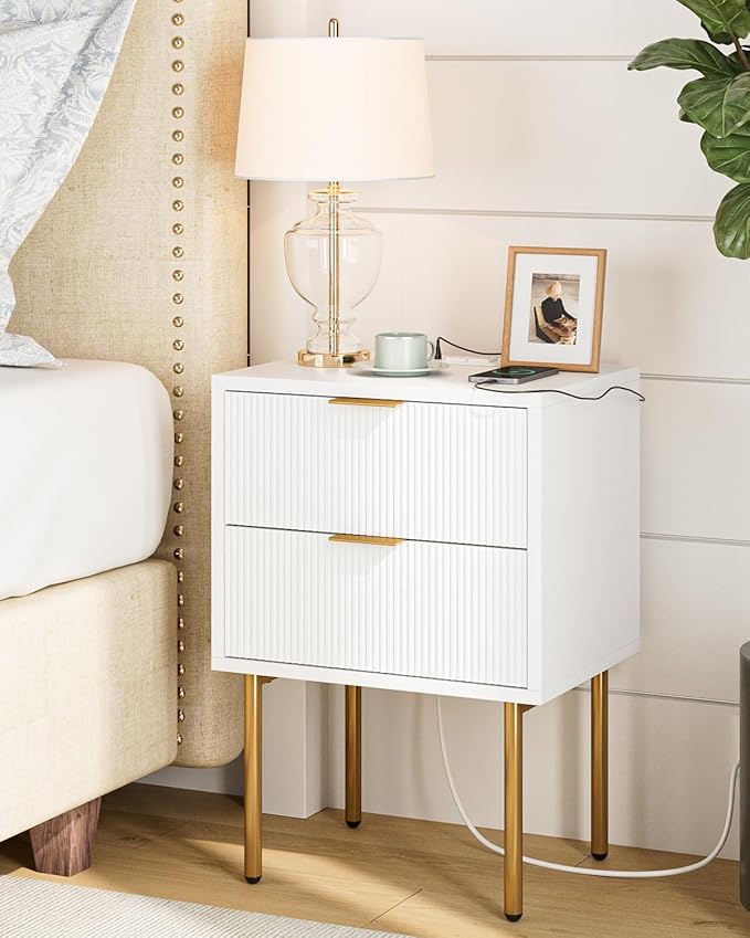 Masupu Nightstand with Charging Station, Mid-Century Modern Bedside Table with by Masupu