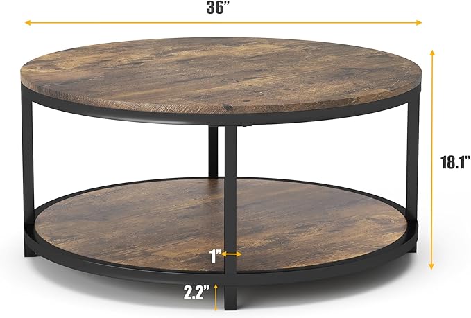 NSdirect 36 inches Round Coffee Table, Rustic Wooden Surface Top & Sturdy Metal - Image 2