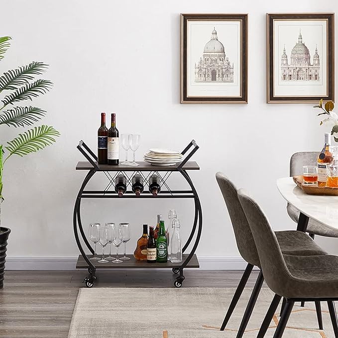 LVB Bar Cart with Wine Rack, 2 Tier Kitchen Cart on Wheels, Industrial Wood and - Image 4