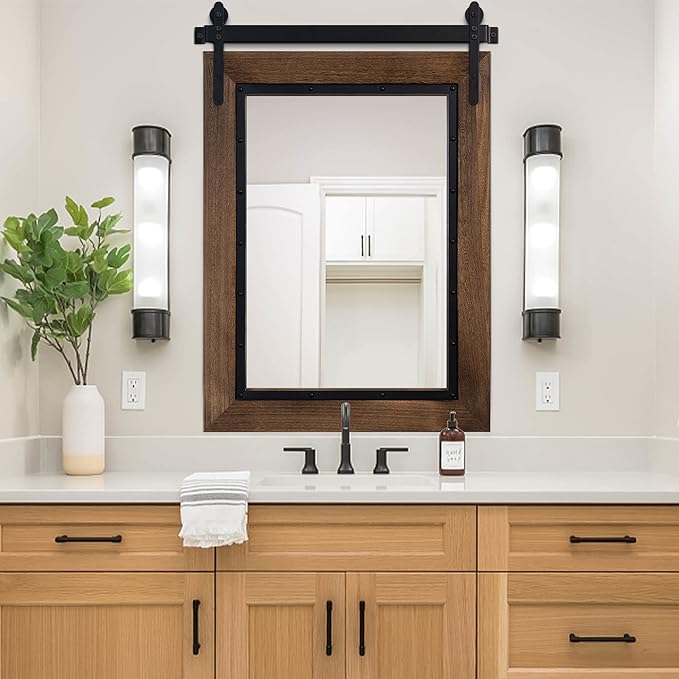YOSHOOT Farmhouse Barn Door Mirror, Wood Frame Wall Mirror, Wooden Mirror by YOSHOOT