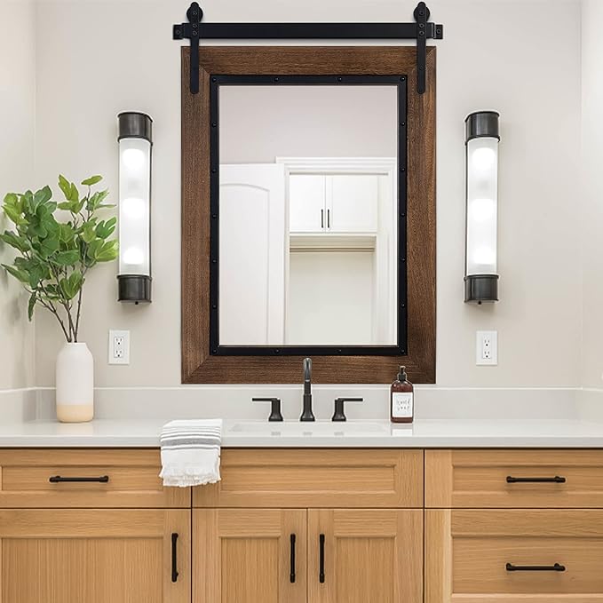YOSHOOT Farmhouse Barn Door Mirror, Wood Frame Wall Mirror, Wooden Mirror by YOSHOOT
