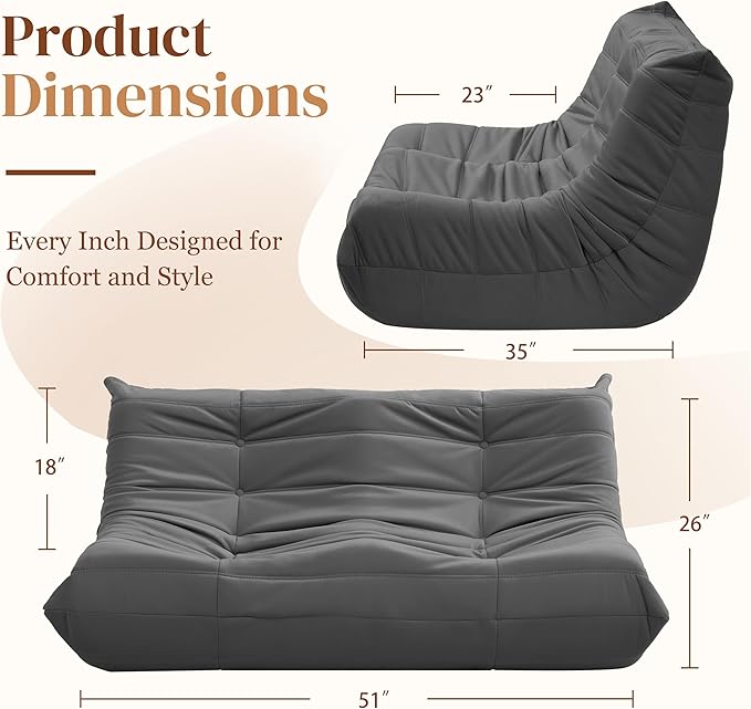 Bean Bag Chair, Loveseat Fireside Chair Bean Bag Sofa - Image 2