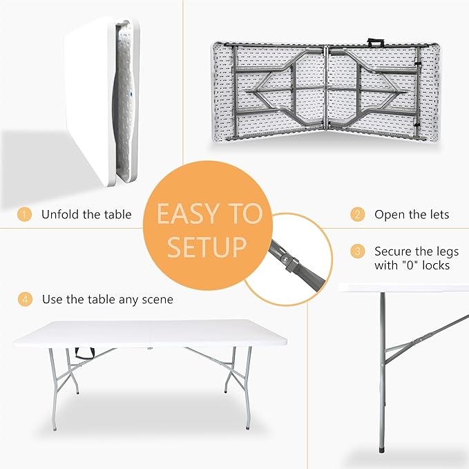 Folding Table 6 FT Lightweight Portable Plastic Fold-in-Half Utility Foldable - Image 5