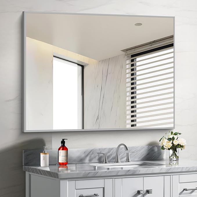 30x40In Silver Bathroom Mirror for Wall, Brushed Nickel Rectangle Mirrors by Welcometocofeny