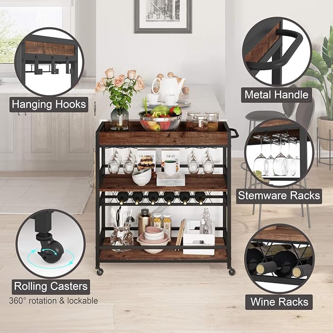 BON AUGURE Bar Cart for The Home, Rolling Home Bar Serving Cart on Wheels - Image 3