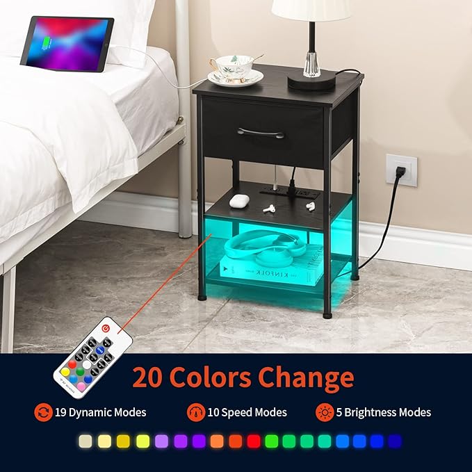 Nightstands Set of 2 with Charging Station and Drawer, End Table Side Table - Image 6