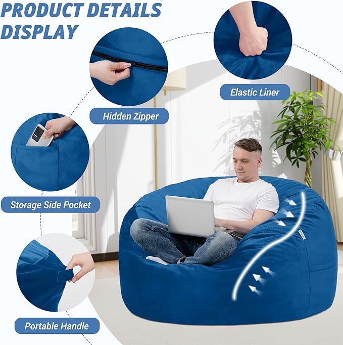 3FT Bean Bag Chair with Ultra Soft Velvet Cover Bean Bag Sofa with Memory Foam - Image 4