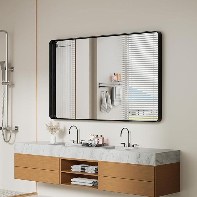 Koonmi Black Wall Mirror for Bathroom, 36x60 Inch Matte Deep Framed Rounded - Image 8