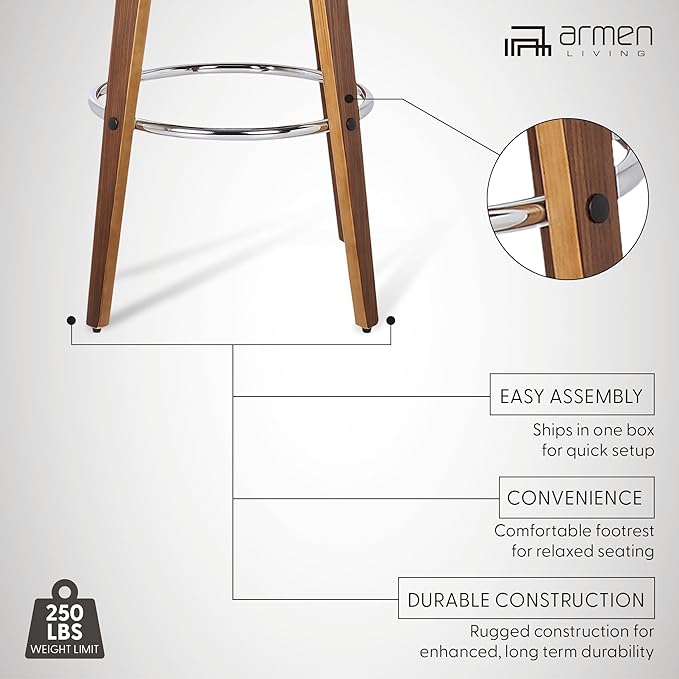 Armen Living Shelly 26" Counter Height Swivel Brown Faux Leather and Walnut - Image 4