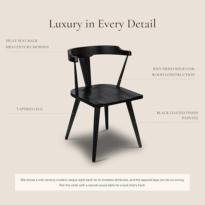 POLY & BARK Mid Century Modern Enzo Black Dining Chair – Solid Oak Wood Splat - Image 5