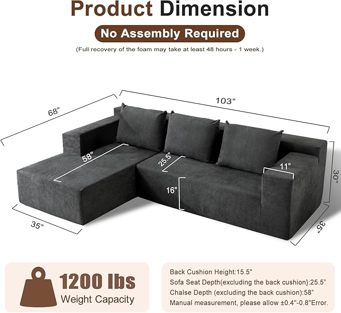 103" Cloud Sectional Sofa, Boneless L-Shape Couch - Image 2