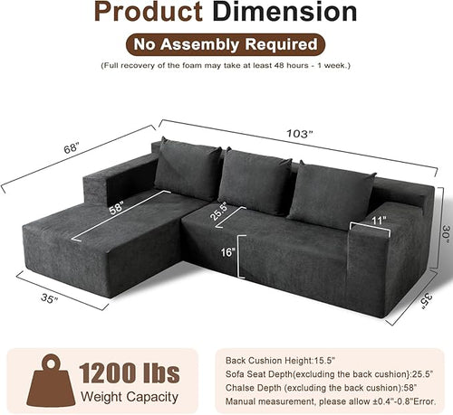 103" Cloud Sectional Sofa, Boneless L-Shape Couch - Image 2