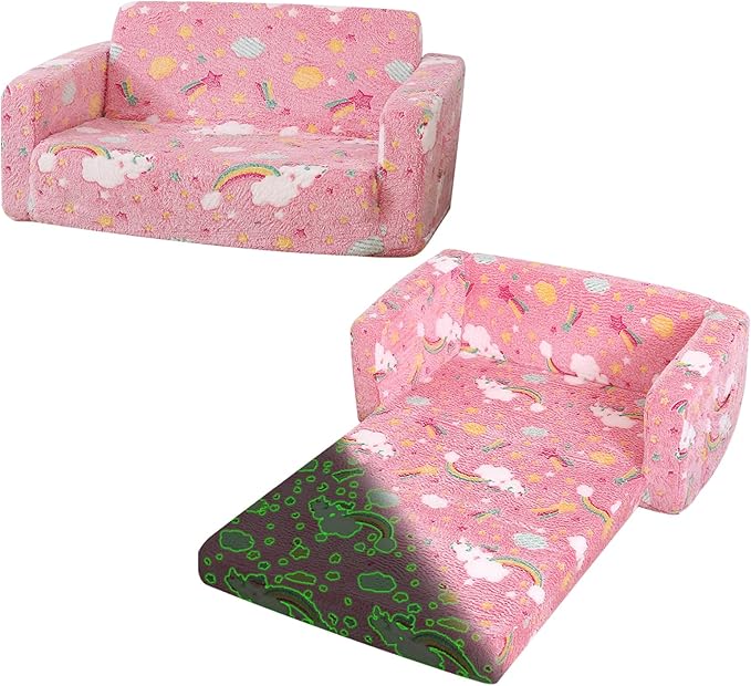 Foldable Kids Sofa Extra Wide for 2 Seats, Soft Kids Fold Out Couch Glow in The by Dormlony