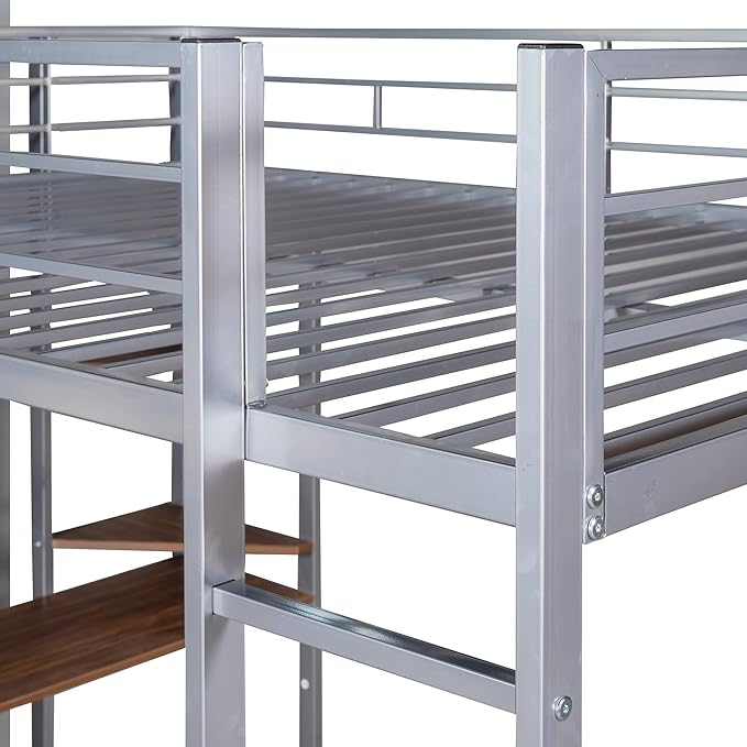 Full Size Metal Loft Bed with 2 Storage Shelves and 1 Desk, Steel Structure Bed - Image 6