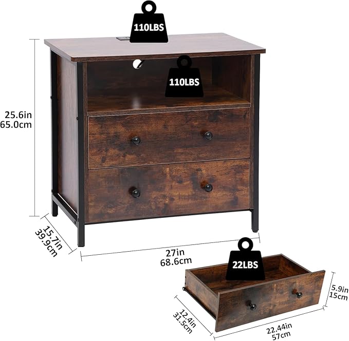 27 Inch Wide Night Stand, Large Wood Night Stand Set 2 - Image 3