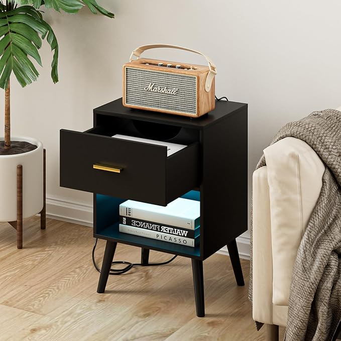 Nightstand with Charging Station and LED Lights, Small Side Table, Bedside - Image 4