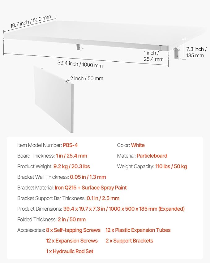 VEVOR Wall Mounted Folding Table, 39.4 x 19.7 inches Wall Mount Table, Floating - Image 2