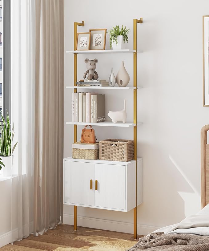 Yusong 73" Tall Bookshelf with Cabinet, Industrial Ladder Wall Mount Shelf - Image 3