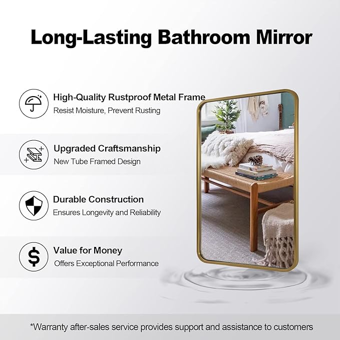 ANDY STAR Brass Mirror Bathroom, 22x30’’ Rounded Rectangle Mirror, Brushed Gold - Image 6