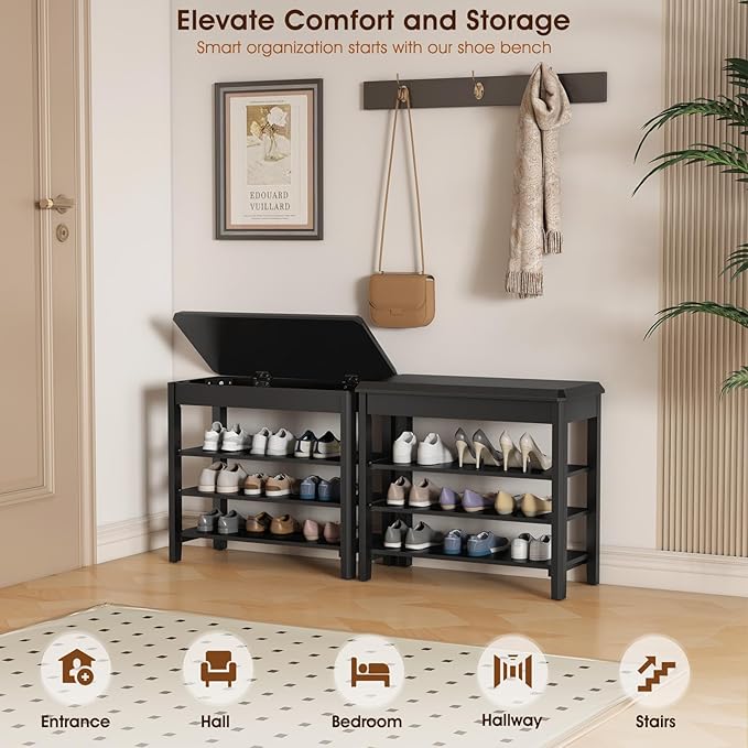Shoe Rack Bench Seat Rubberwood 3-Tier Wooden Storage Bench 550lbs Compact - Image 3