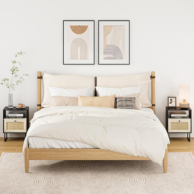 Rattan Nightstand, Boho Night Stand Farmhouse Wood Bedside Table - Image 7