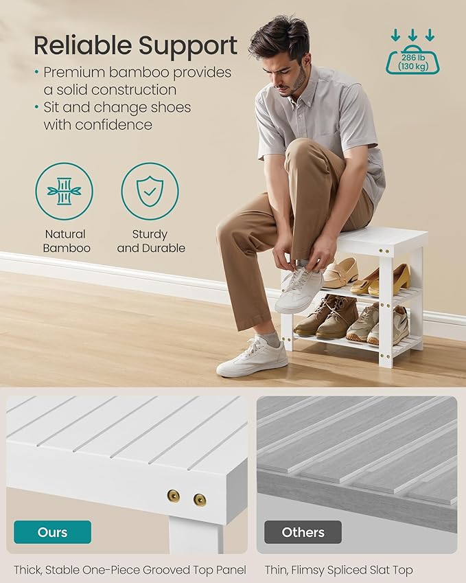 SONGMICS Shoe Rack Bench, 3-Tier Bamboo Shoe Storage Organizer, Entryway Bench - Image 4