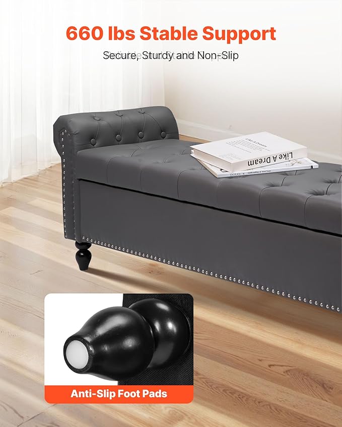 VEVOR Button-Tufted Storage Ottoman Bench, Rolled Arm PU Leather Bench - Image 4
