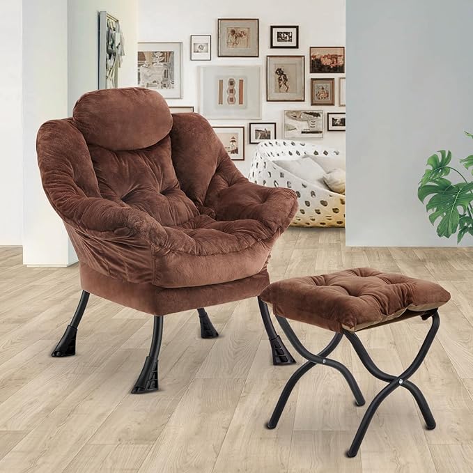 Lazy Chair with Folding Ottoman, Leisure Sofa Chair, Soft Fabric Armchair with - Image 2