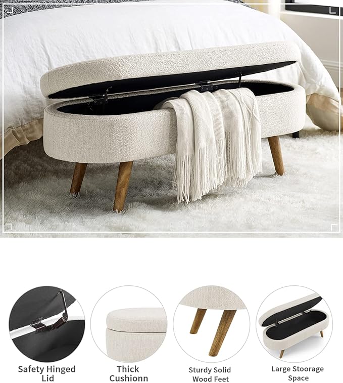 Oval Storage Bench 43.5" Linen Fabric Upholstered Entryway Bench - Image 4