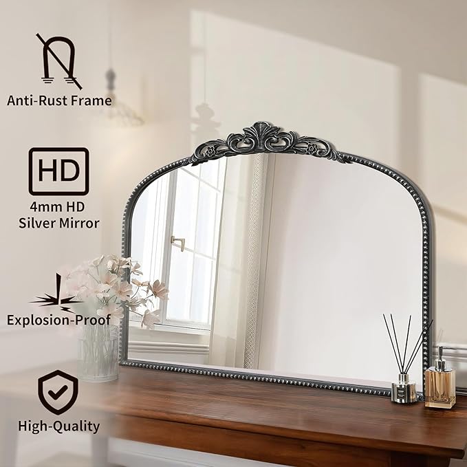 Micasso Black Vintage Wall Mirror: 24"x 32" French Baroque Antique Arched Wall - Image 2