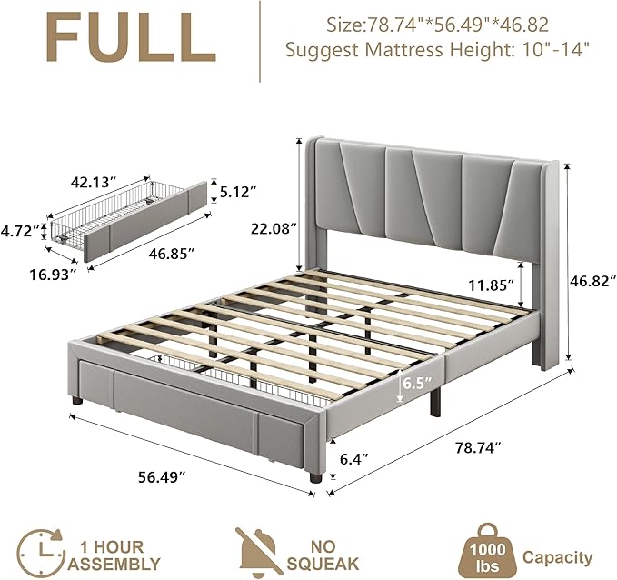 Full Bed Frame with Storage Drawers, Upholstered Platform Bed with Headboard - Image 2