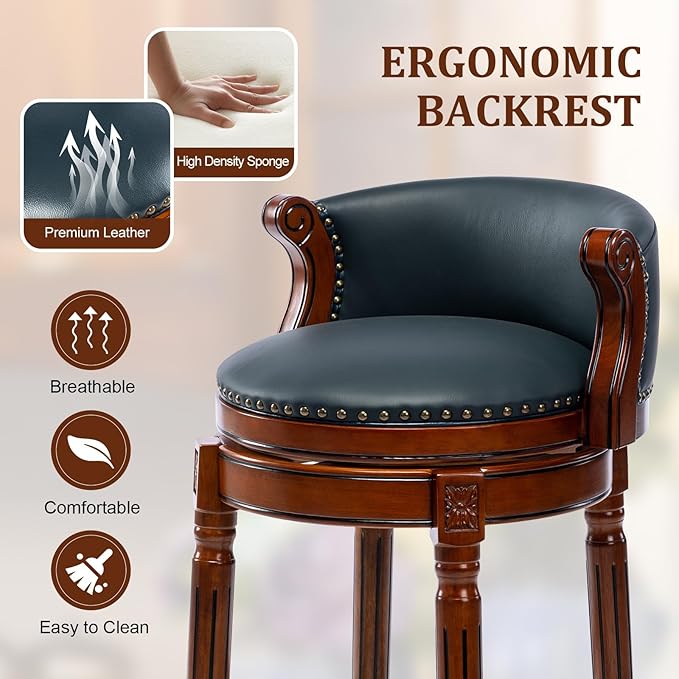 CozyRain Bar Stools Rubber Wood Counter Height Bar Stool Leather Upholstered - Image 4