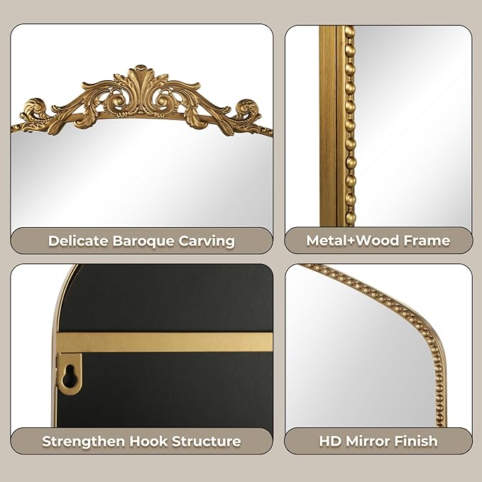 Gold Antique Mirror 40” x 30”, Large Ornate Mantel Mirrors - Image 4