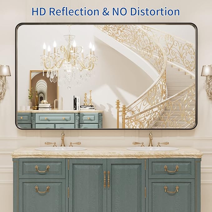 WEER 50X30 Inch Black Metal Framed Bathroom Mirror, Rounded Rectangular Matte - Image 2