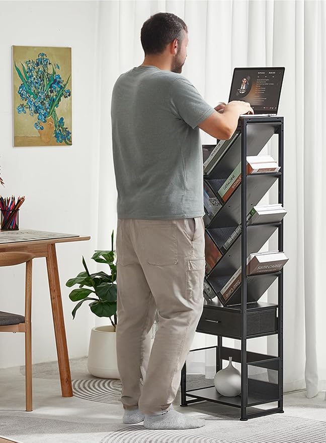 Bookshelf with Drawer, 10 Tier Tree Bookcase Retro Floor Standing Bookshelves - Image 8