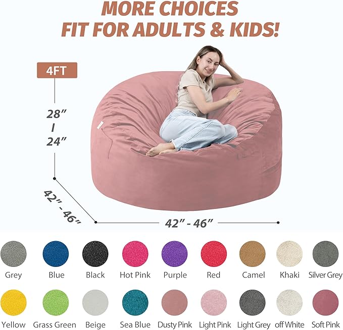 4FT Bean Bag Chair with Ultra Soft Velvet Cover Bean Bag Sofa with Memory Foam - Image 2