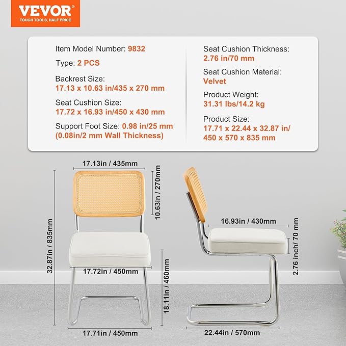 VEVOR Rattan Chairs Set of 2, Mid Century Modern Dining Chair, Upholstered - Image 3