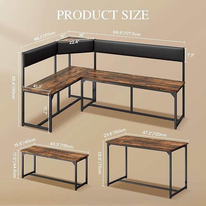 DWVO 3-Piece Dining Table Set for 4-6 People 47.2" Corner Dining Room Table - Image 2