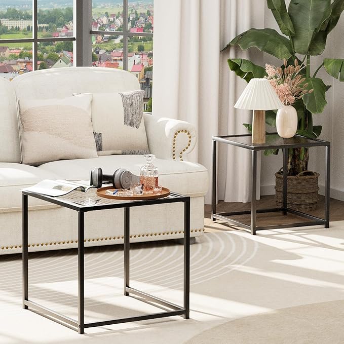VILAWLENCE Coffee Table Set of 2, Modern Black Patterned Glass Side Table - Image 6
