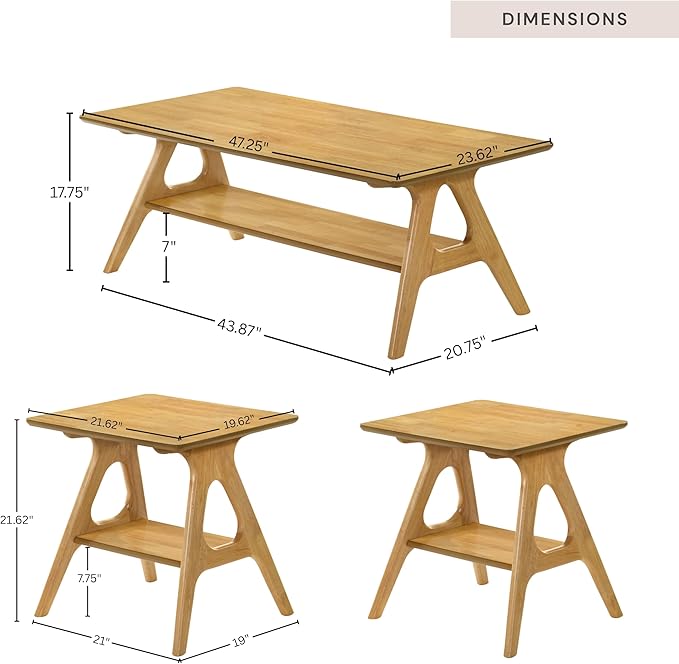 Roundhill Furniture Arona 3-Piece Coffee Table Set, Coffee Table and Two End - Image 2